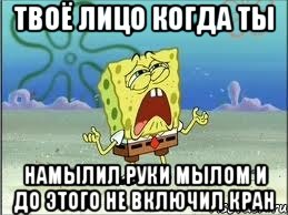 Твоё лицо когда ты намылил руки мылом и до этого не включил кран, Мем Спанч Боб плачет