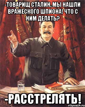 -Товарищ Сталин, мы нашли вражеского шпиона! Что с ним делать? -Расстрелять!, Мем  сталин цветной