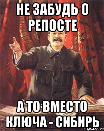 Не забудь о репосте А то вместо ключа - Сибирь, Мем  сталин цветной