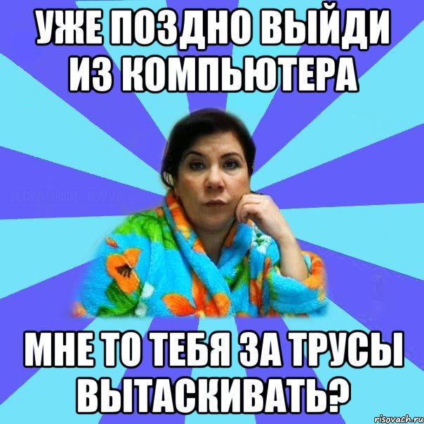 УЖЕ ПОЗДНО ВЫЙДИ ИЗ КОМПЬЮТЕРА МНЕ ТО ТЕБЯ ЗА ТРУСЫ ВЫТАСКИВАТЬ?, Мем типичная мама