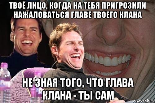 Твоё лицо, когда на тебя пригрозили нажаловаться главе твоего клана Не зная того, что глава клана - ты сам, Мем том круз