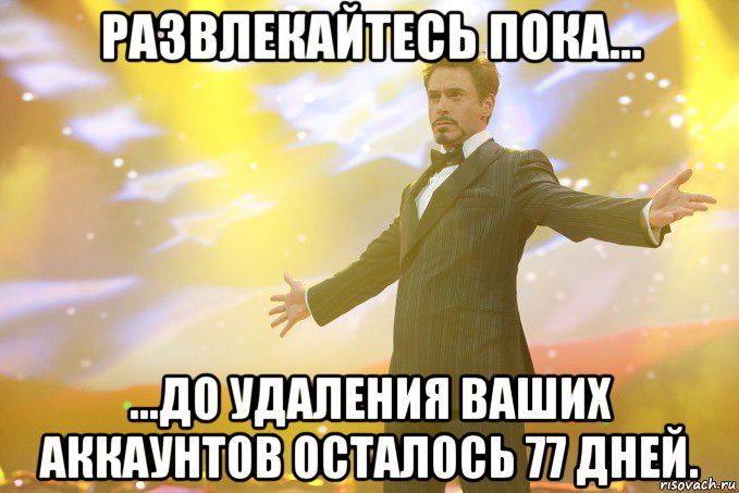 развлекайтесь пока... ...до удаления ваших аккаунтов осталось 77 дней., Мем Тони Старк (Роберт Дауни младший)