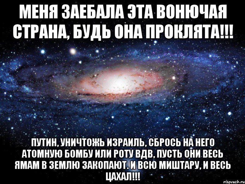 Меня заебала эта вонючая страна, будь она проклята!!! Путин, уничтожь Израиль, сбрось на него атомную бомбу или роту ВДВ, пусть они весь ЯМАМ в землю закопают. И всю миштару, и весь ЦАХАЛ!!!, Мем Вселенная