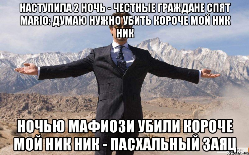 НАСТУПИЛА 2 НОЧЬ - ЧЕСТНЫЕ ГРАЖДАНЕ СПЯТ Mariо: Думаю нужно убить короче мой ник ник Ночью мафиози убили короче мой ник ник - Пасхальный заяц, Мем железный человек