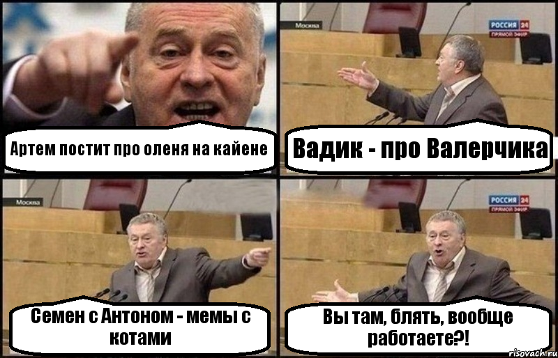 Артем постит про оленя на кайене Вадик - про Валерчика Семен с Антоном - мемы с котами Вы там, блять, вообще работаете?!, Комикс Жириновский