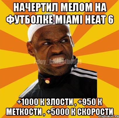 Начертил мелом на футболке MIAMI HEAT 6 +1000 к злости , +950 к меткости , +5000 к скорости, Мем ЗЛОЙ БАСКЕТБОЛИСТ