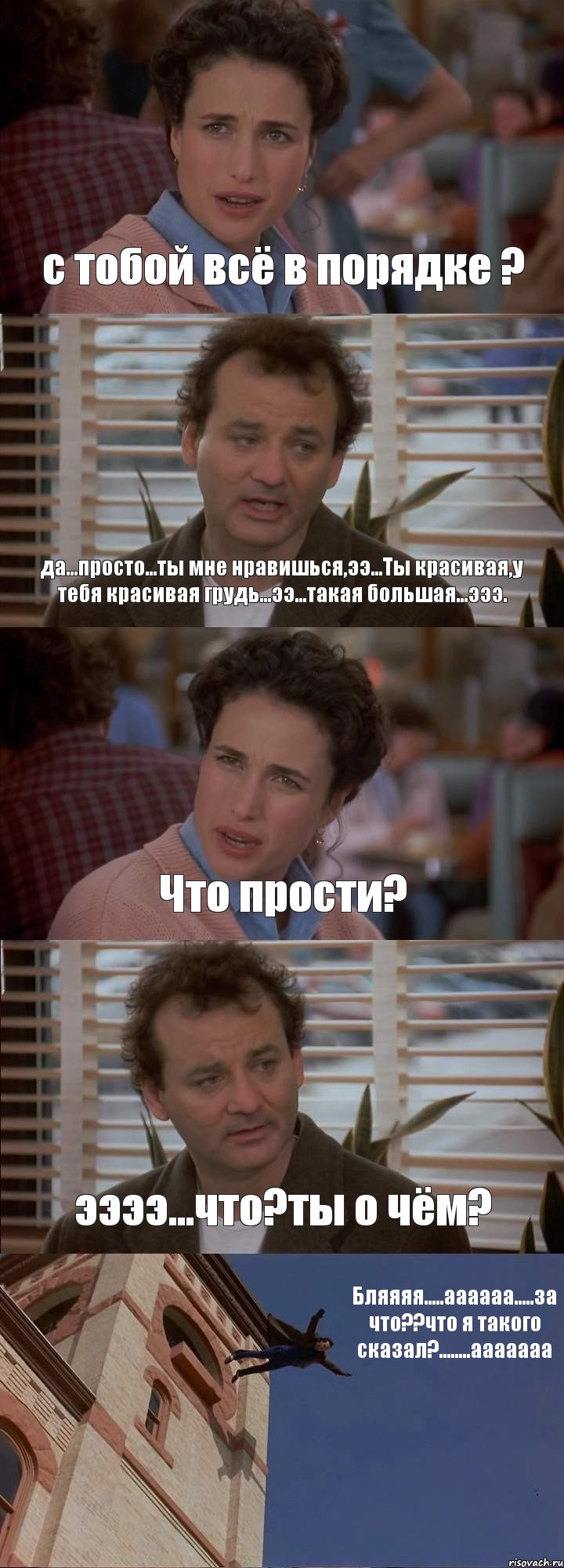 с тобой всё в порядке ? да...просто...ты мне нравишься,ээ...Ты красивая,у тебя красивая грудь...ээ...такая большая...эээ. Что прости? ээээ...что?ты о чём? Бляяяя.....аааааа.....за что??что я такого сказал?........ааааааа