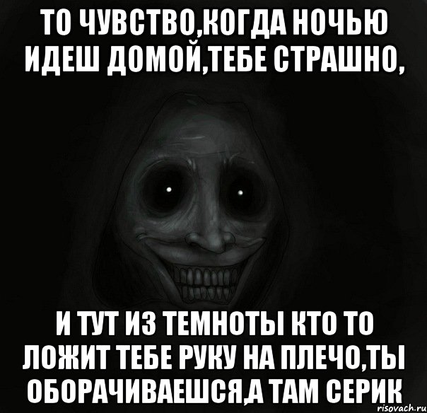 то чувство,когда ночью идеш домой,тебе страшно, и тут из темноты кто то ложит тебе руку на плечо,ты оборачиваешся,а там Серик, Мем Ночной гость