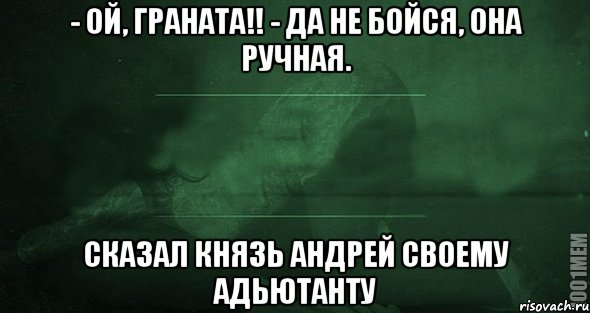 - Ой, граната!! - Да не бойся, она ручная. Сказал князь Андрей своему адьютанту, Мем Игра слов 2