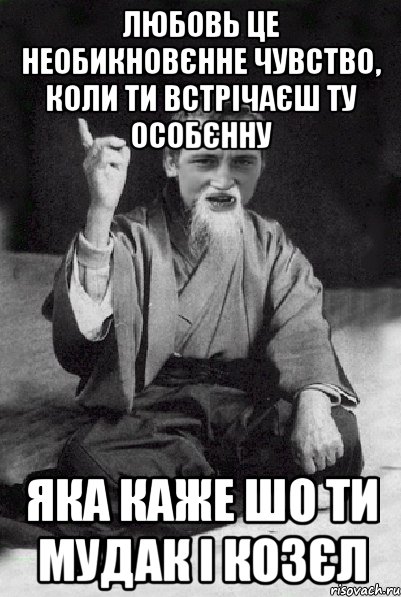 любовь це необикновєнне чувство, коли ти встрічаєш ту особєнну яка каже шо ти мудак і козєл, Мем Мудрий паца