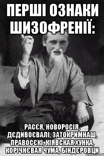 перші ознаки шизофренії: расєя, новоросія, дєдивоєвалі, затокримнаш, правосєкі, кіявская хунка, корічнєвая чума, біндєровци, Мем Мудрий паца