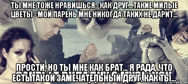 Ты мне тоже нравишься - как друг...Такие милые цветы - мой парень мне никогда таких не дарит... Прости, но ты мне как брат... Я рада, что есть такой замечательный друг, как ты..., Мем Грусть вселенская