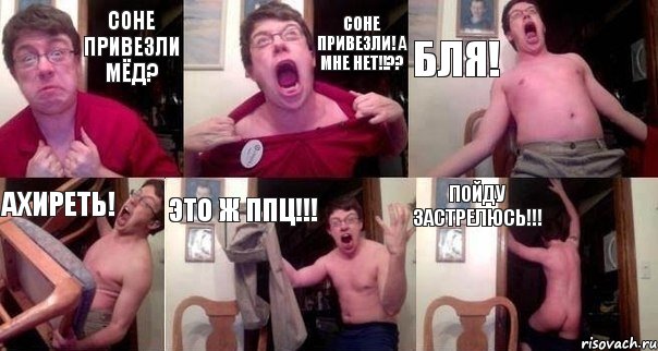 Соне привезли мёд? Соне привезли! А мне нет!!?? БЛЯ! АХИРЕТЬ! Это ж ппц!!! Пойду застрелюсь!!!, Комикс  Печалька 90лвл