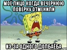 Моё лицо когда вечернюю поверку отменили Из-за одного долбаёба, Мем Спанч Боб плачет