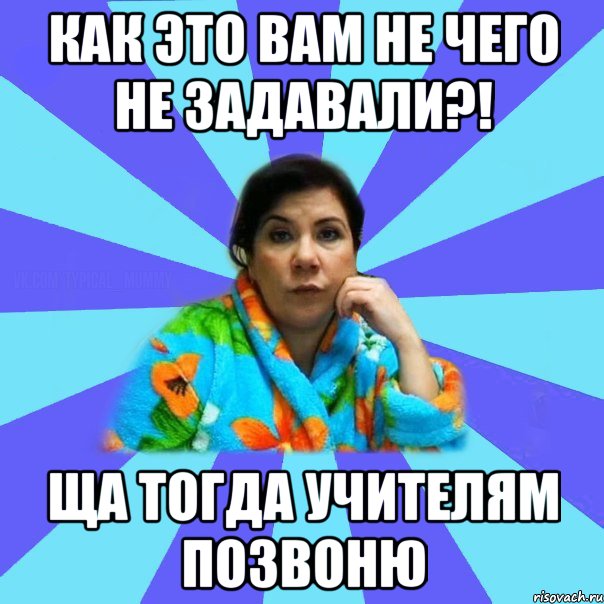 Как это вам не чего не задавали?! Ща тогда учителям позвоню, Мем типичная мама