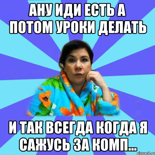 Ану иди есть а потом уроки делать И так всегда когда я сажусь за комп..., Мем типичная мама