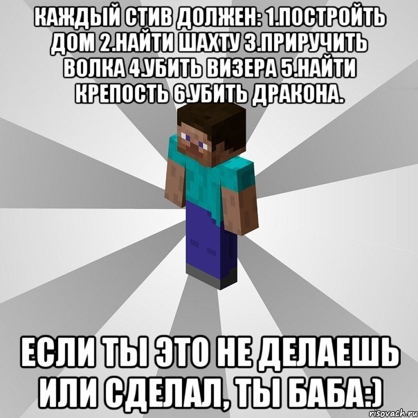 Каждый Стив должен: 1.Постройть дом 2.Найти шахту 3.Приручить волка 4.Убить визера 5.Найти крепость 6.Убить дракона. Если ты это не делаешь или сделал, ты баба:), Мем Типичный игрок Minecraft