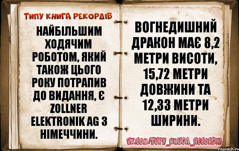 Найбільшим ходячим роботом, який також цього року потрапив до видання, є Zollner Elektronik AG з Німеччини. Вогнедишний дракон має 8,2 метри висоти, 15,72 метри довжини та 12,33 метри ширини., Комикс  Типу книга рекордв