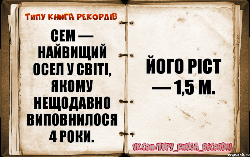 Сем — найвищий осел у світі, якому нещодавно виповнилося 4 роки. Його ріст — 1,5 м., Комикс  Типу книга рекордв