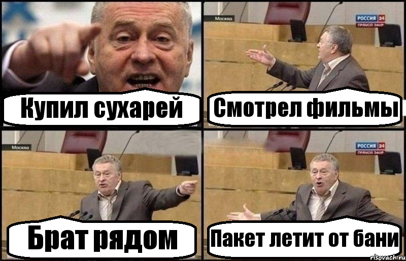 Купил сухарей Смотрел фильмы Брат рядом Пакет летит от бани, Комикс Жириновский