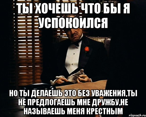 Чуть успокоенный. Мем Дон Корлеоне без уважения. Я успокоилась. Что меня успокаивает. Ты предлагаешь мне дружбу но делаешь это без уважения.