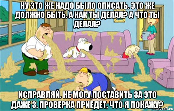 Ну это же надо было описать. Это же должно быть. А как ты делал? А что ты делал? Исправляй. Не могу поставить за это даже 3. Проверка приедет, что я покажу?, Мем Гриффины блюют