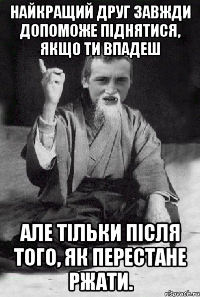 Найкращий друг завжди допоможе піднятися, якщо ти впадеш але тільки після того, як перестане ржати., Мем Мудрий паца