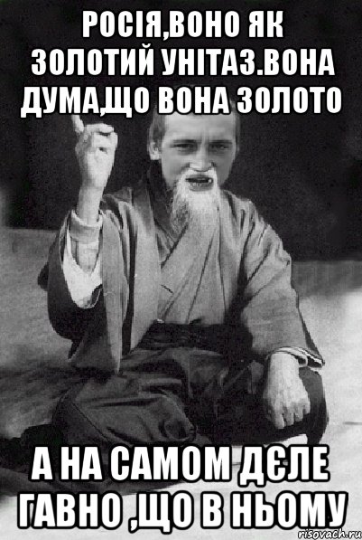 Росія,воно як золотий унітаз.Вона дума,що вона золото а на самом дєле ГАВНО ,що в ньому, Мем Мудрий паца