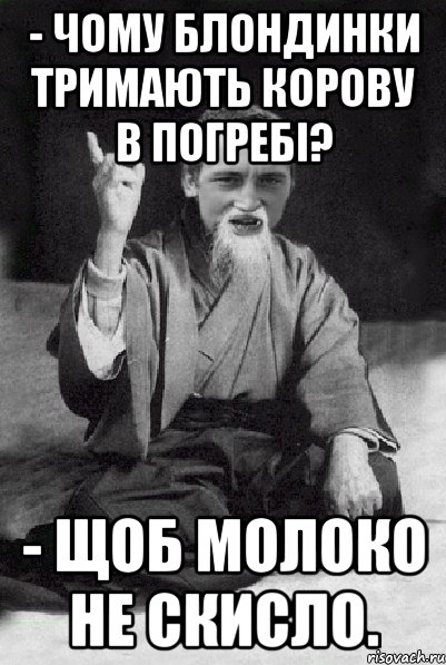 - Чому блондинки тримають корову в погребі? - Щоб молоко не скисло., Мем Мудрий паца