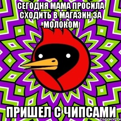 СЕГОДНЯ МАМА ПРОСИЛА СХОДИТЬ В МАГАЗИН ЗА МОЛОКОМ ПРИШЕЛ С ЧИПСАМИ, Мем Омская птица