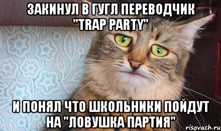 Закинул в гугл переводчик "trap party" И понял что школьники пойдут на "ловушка партия", Мем  кот печаль