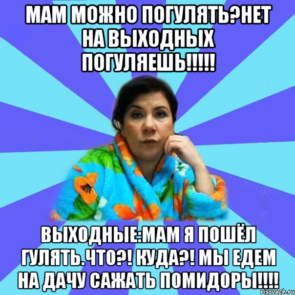 МАМ можно погулять?НЕТ НА ВЫХОДНЫХ ПОГУЛЯЕШЬ!!!!! ВЫХОДНЫЕ:МАМ я пошёл гулять.ЧТО?! КУДА?! МЫ едем на дачу сажать помидоры!!!!, Мем типичная мама