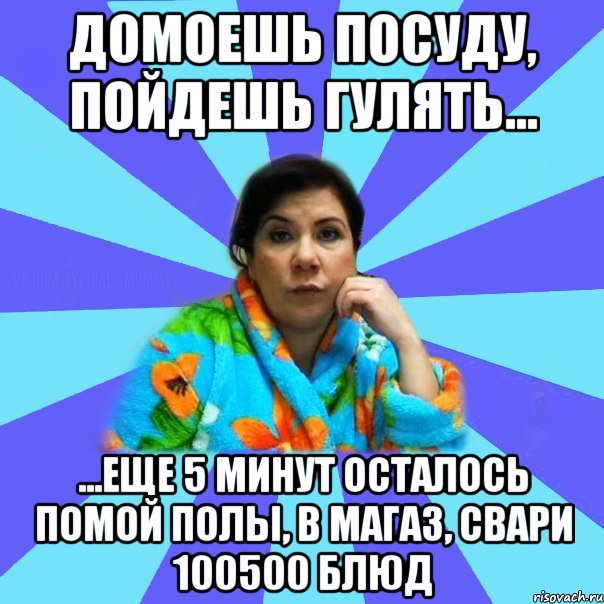 Домоешь посуду, пойдешь гулять... ...еще 5 минут осталось помой полы, в магаз, свари 100500 блюд, Мем типичная мама