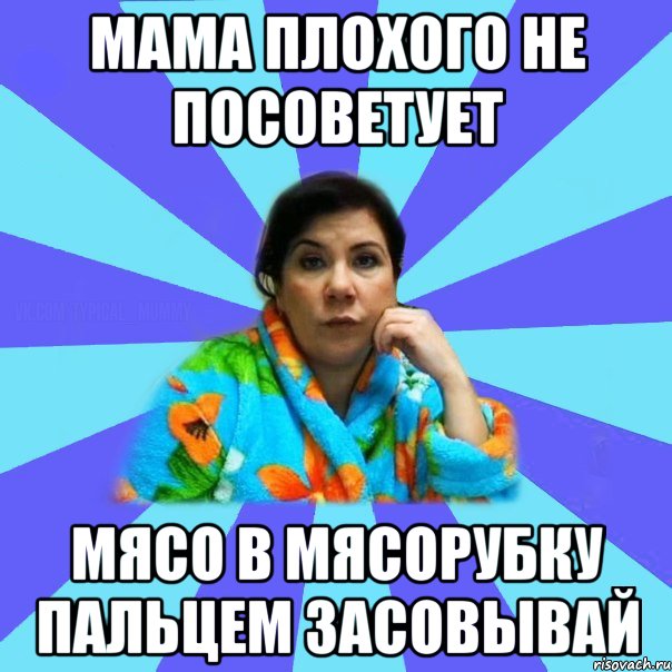 мама плохого не посоветует мясо в мясорубку пальцем засовывай, Мем типичная мама