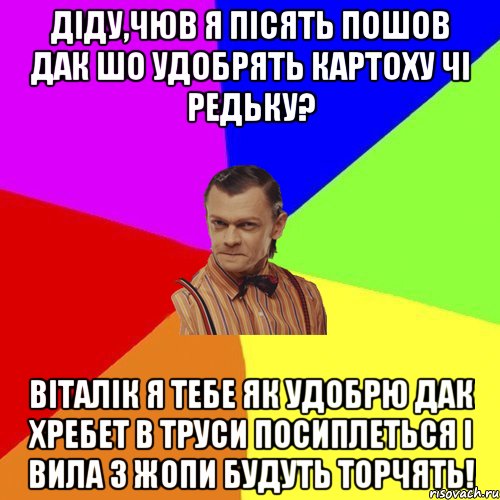 Діду,чюв я пісять пошов дак шо удобрять картоху чі редьку? Віталік я тебе як удобрю дак хребет в труси посиплеться і вила з жопи будуть торчять!, Мем Вталька