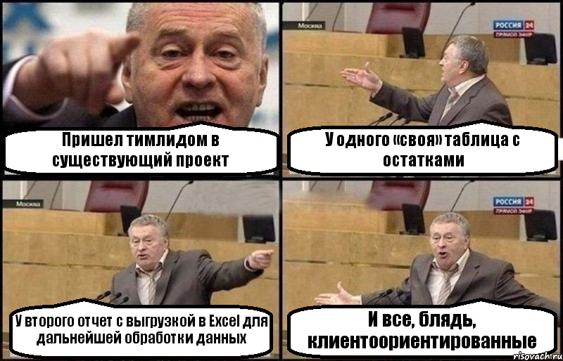 Пришел тимлидом в существующий проект У одного «своя» таблица с остатками У второго отчет с выгрузкой в Excel для дальнейшей обработки данных И все, блядь, клиентоориентированные, Комикс Жириновский