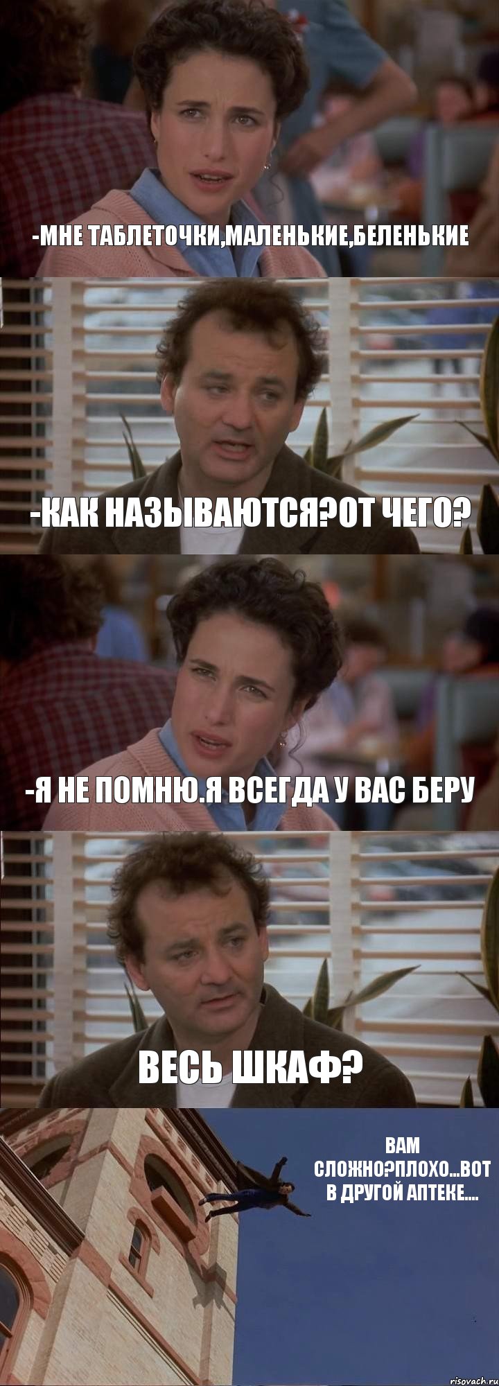 -МНЕ ТАБЛЕТОЧКИ,МАЛЕНЬКИЕ,БЕЛЕНЬКИЕ -КАК НАЗЫВАЮТСЯ?ОТ ЧЕГО? -Я НЕ ПОМНЮ.Я ВСЕГДА У ВАС БЕРУ ВЕСЬ ШКАФ? ВАМ СЛОЖНО?ПЛОХО...ВОТ В ДРУГОЙ АПТЕКЕ...., Комикс День сурка