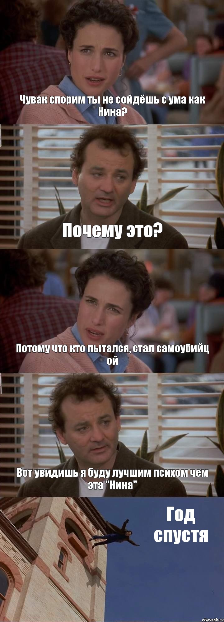 Чувак спорим ты не сойдёшь с ума как Нина? Почему это? Потому что кто пытался, стал самоубийц ой Вот увидишь я буду лучшим психом чем эта "Нина" Год спустя, Комикс День сурка