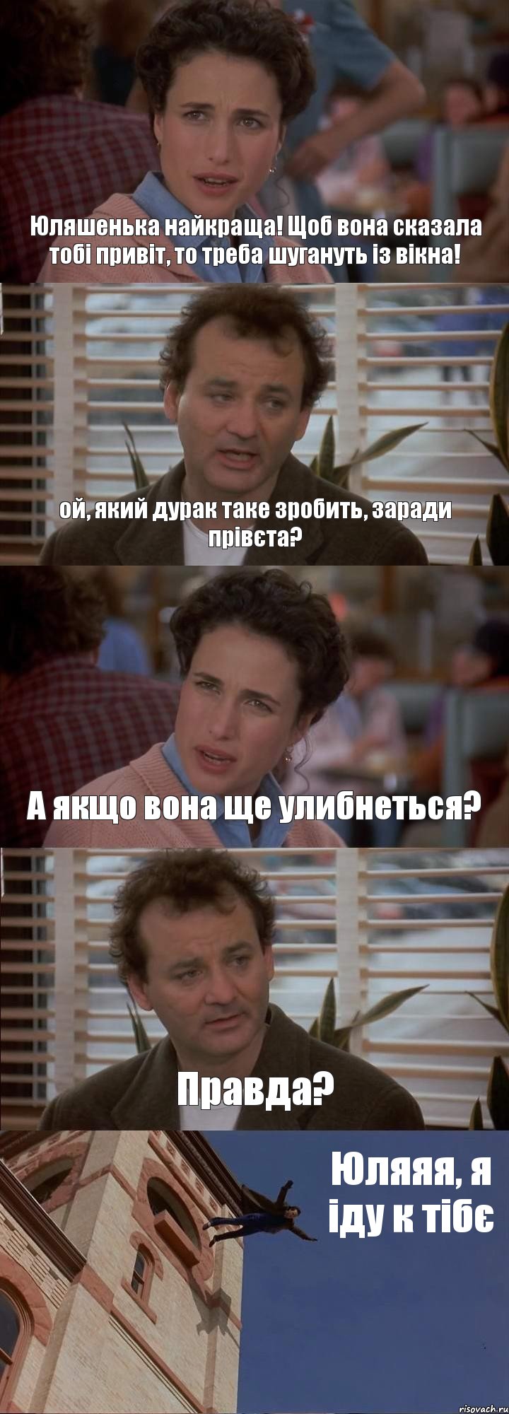 Юляшенька найкраща! Щоб вона сказала тобі привіт, то треба шугануть із вікна! ой, який дурак таке зробить, заради прівєта? А якщо вона ще улибнеться? Правда? Юляяя, я іду к тібє, Комикс День сурка