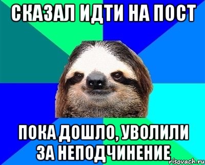 Сказал идти на пост Пока дошло, уволили за неподчинение, Мем Ленивец