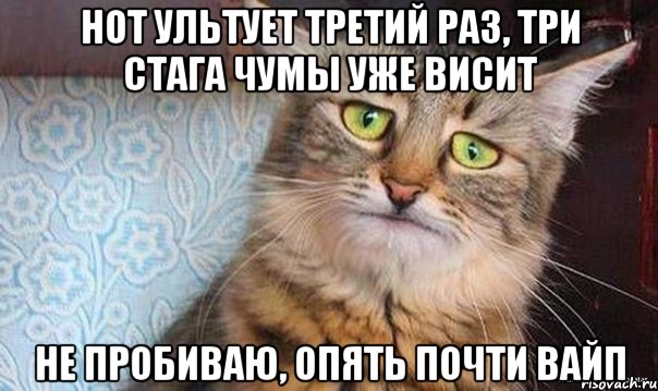 Нот ультует третий раз, Три стага чумы уже висит Не пробиваю, Опять почти вайп, Мем  кот печаль