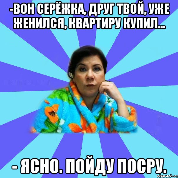 -Вон Серёжка, друг твой, уже женился, квартиру купил... - Ясно. Пойду посру., Мем типичная мама