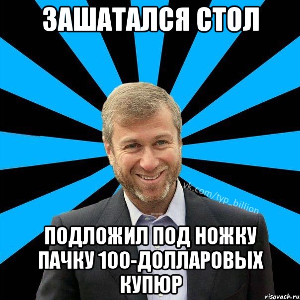 зашатался стол подложил под ножку пачку 100-долларовых купюр, Мем  Типичный Миллиардер (Абрамович)