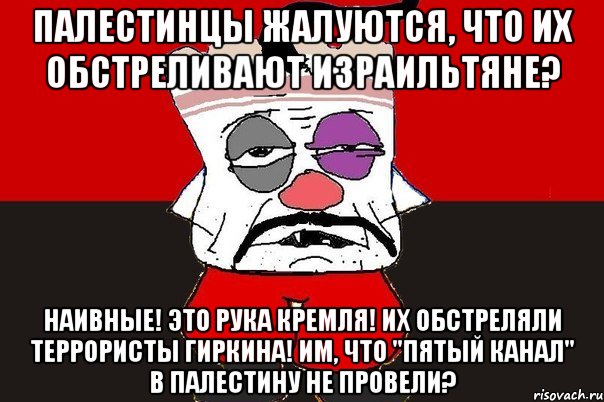 Палестинцы жалуются, что их обстреливают израильтяне? Наивные! Это рука Кремля! Их обстреляли террористы Гиркина! Им, что "Пятый канал" в Палестину не провели?