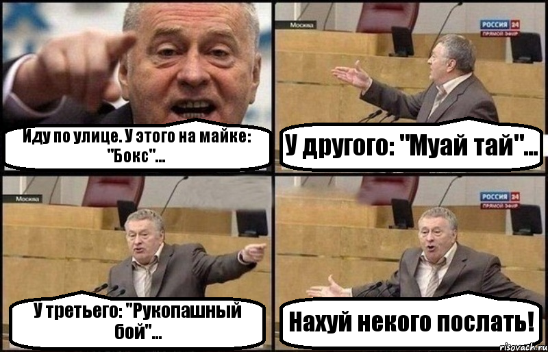 Иду по улице. У этого на майке: "Бокс"... У другого: "Муай тай"... У третьего: "Рукопашный бой"... Нахуй некого послать!, Комикс Жириновский