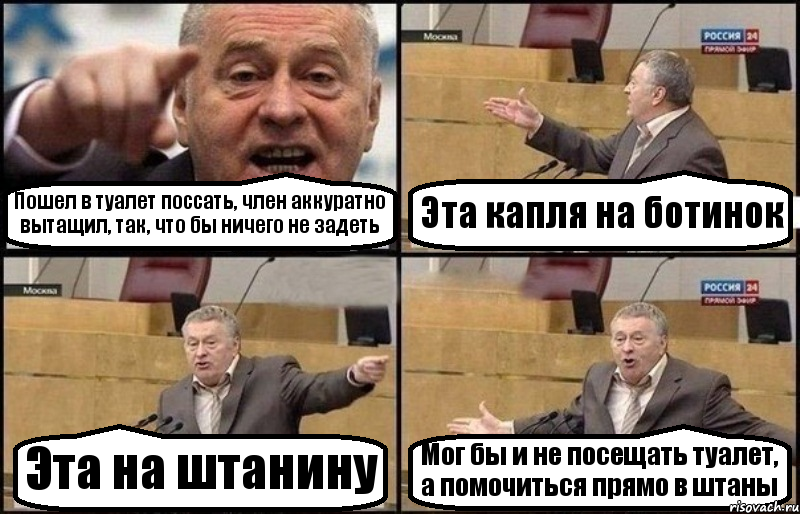 Пошел в туалет поссать, член аккуратно вытащил, так, что бы ничего не задеть Эта капля на ботинок Эта на штанину Мог бы и не посещать туалет, а помочиться прямо в штаны, Комикс Жириновский