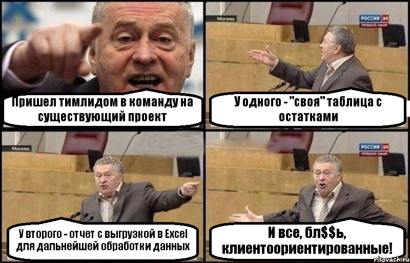 Пришел тимлидом в команду на существующий проект У одного - "своя" таблица с остатками У второго - отчет с выгрузкой в Excel для дальнейшей обработки данных И все, бл$$ь, клиентоориентированные!, Комикс Жириновский