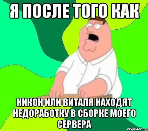 Я ПОСЛЕ ТОГО КАК НИКОН ИЛИ ВИТАЛЯ НАХОДЯТ НЕДОРАБОТКУ В СБОРКЕ МОЕГО СЕРВЕРА, Мем  Да всем насрать (Гриффин)