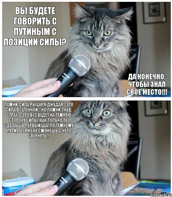 Вы будете говорить с Путиным с позиции силы? Да конечно, чтобы знал свое место!!! Помни: сила рыцаря-джедая - это сила вселенной... Но помни: гнев, страх – это всё ведет на тёмную сторону Силы. Как только ты сделаешь первый шаг по тёмному пути, ты уже не сможешь с него свернуть..., Комикс  кот с микрофоном