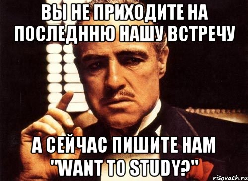 Вы не приходите на последнню нашу встречу А сейчас пишите нам "Want to study?", Мем крестный отец